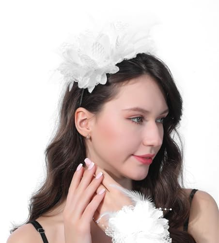 Ladiery Women Flower Fascinators with Wrist Corsage for Wedding Tea Party Feather Fascinator Headband for Kentucky Derby