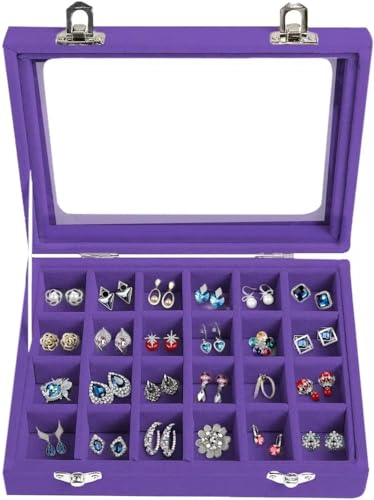 24 Fächer Damen Schmuckkasten Schmuck Box Schmuckkoffer Schmuckständer Aufbewahrungsbox für Ringe Ohrringe Halskette (Lila)
