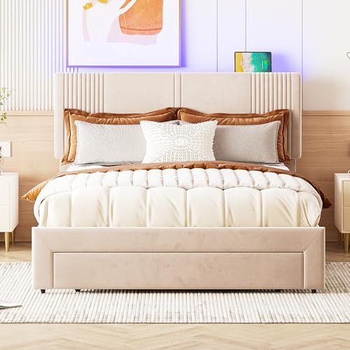 Letto imbottito 140 x 200 cm, con barra luminosa e presa USB, schienale e cassetto grande, letto matrimoniale delicato sulla pelle in tessuto di velluto, adatto per adulti e ragazzi (beige, 140 x 200
