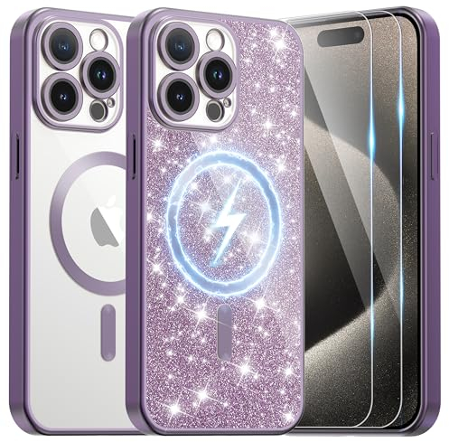 Ethanger for iPhone 15 Pro Case with 2 Screen Protector Compatible with MagSafe, Magnetic Cover Shockproof Frosted Bumper with Glitter Card and Wrist Strap for Women Girls, Titanium Purple