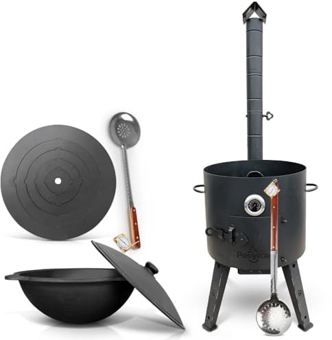 Feuerofen Ø 44 сm Thermometer Herdplatte 5 Ringe 48 cm Gusseisen Kazan runder Boden Deckel Ø 46,5 cm(16 L) Schaumlöffel 48cm Schaumlöffel 64 cm (Set - 518)
