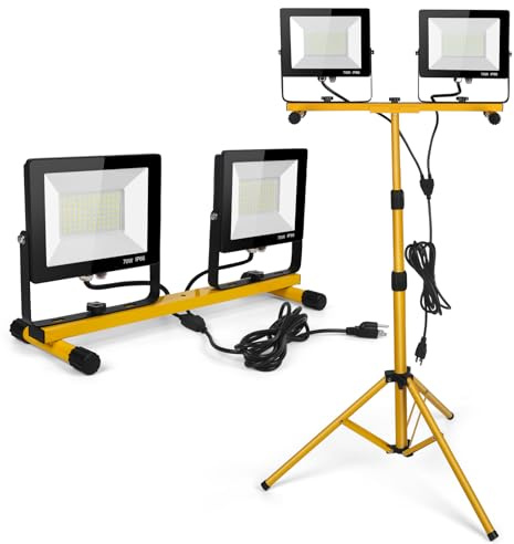 LED Work Lights with Stand, 21000 Lumen, 2-Head Adjustable Work Light, Waterproof Foldable Tripod, 6,500 Kelvin, Extended Cord for Outdoor & Indoor Job Sites, Workshops, Construction, Garage Lighting