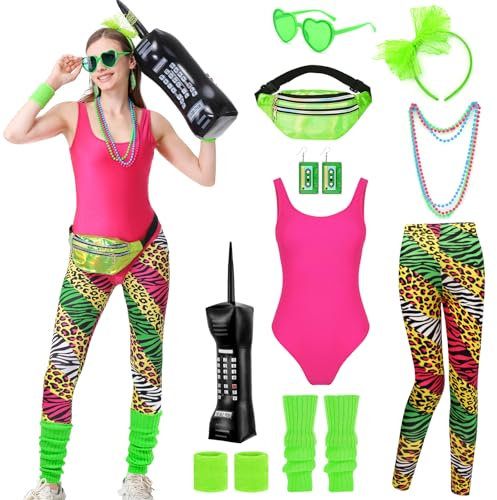 IUTOYYE80er jahre outfit damen Retro Trainingsanzug Kostüm Tank top,Artistic Leggings,Beinwärmer,Stirnband,Armbänder,Brille,Halskette und Ohrring für Karneval Neon Party (Grün, L)