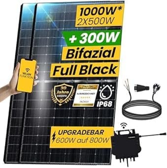 EPP.Solar 1000W Balkonkraftwerk 800W komplett Steckdose - Balkonkraftwerk 800 Watt upgradebarer NEO Wechselrichter 800W, 2x500W Bifazial Modul Black/Silber Rahmen
