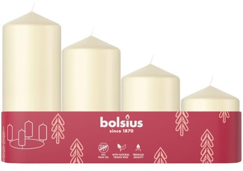 Bolsius Glatte Stumpenkerzen - 4er Set - Adventszeit - Elfenbein - Verschiedene Größen - Dekorative Haushaltskerzen - Lange Brenndauer - Unparfümiert - Mit Natürlichem Pflanzenwachs - Ohne Palmöl