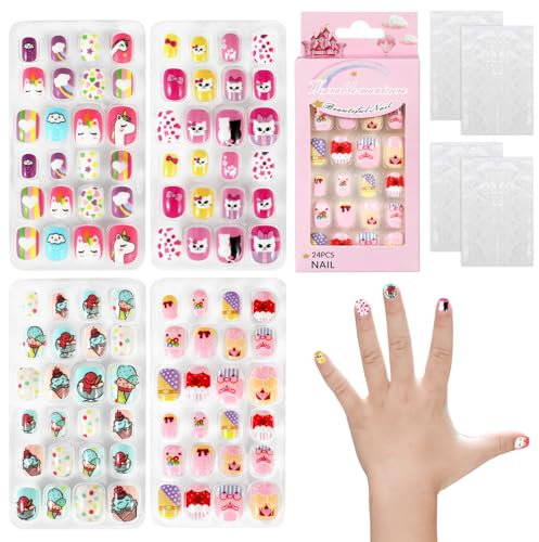 JSRQT 4Pcs Kids False Nail Tips, Full Cover Short Square Press on Nails Children, Artificial Nail Tips Stick on Fake Nail Unicorn Cat Ice Cream Pattern, Fingernail Manicure for Kids Girls Nails Art
