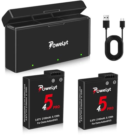 PoweLyt Osmo Action 5 Pro/4/3 Battery Charger Kit 2-Pack 2100mAh Osmo Action 5 Pro Batteries and 3-Channel Fast Charger Hub Compatible with DJI Osmo Action 5 Pro,Osmo Action 4 and Osmo Action 3