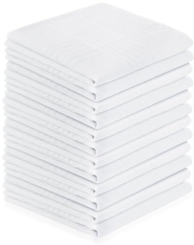 Aomig Pañuelos Hombre Bolsillo, 12pcs Handkerchiefs Set Blanco de Algodón, Pañuelo de Bolsillo Cuadrado, Pañuelos de Tela Regalo para Hombres y Mujeres(40X40) cm