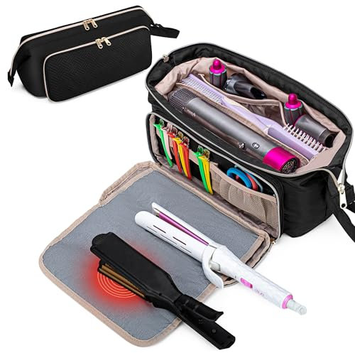 Fasrom Hair Tools Travel Bag with Heat Resistant Mat for Hair Straightener, Curling Iron Flat Iron, 2 in 1 Hair Dryer Travel Case Compatible with Dyson Airwrap, Hair Dryer Holder, Black(Patent Design)