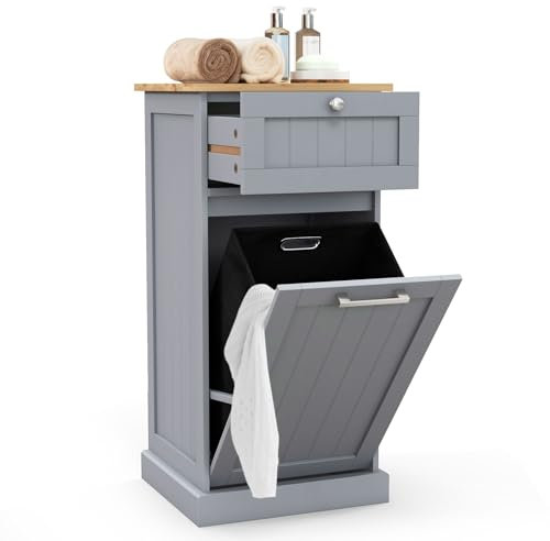 COSTWAY Wäscheschrank mit Wäschekorb, Wäschesammler mit Schublade, Tischplatte aus Bambus, Badezimmerschrank, Badschrank für Badezimmer, Waschküche, 40 x 37 x 82 cm (Grau)