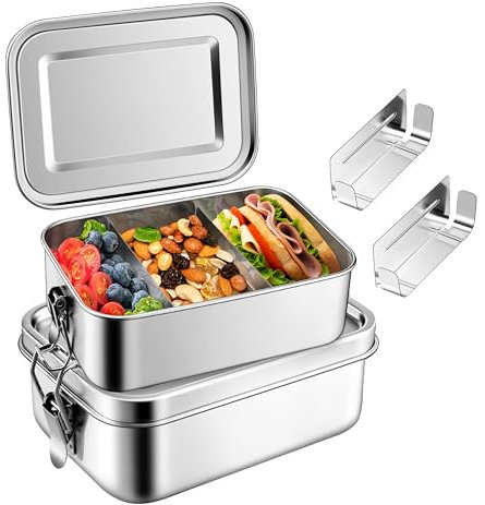 Homikit Brotdose mit Fächern, 2 Stück Edelstahl Bento Box Lunchbox für Kinder & Erwachsene, Lunch Box Brotzeitdose mit Abnehmbar Trennwand, Auslaufsicher & Dichtungsring, 850ml+1400ml