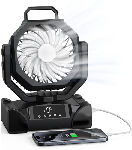 OUWANCH Camping Ventilator, 20000mAh USB Tischventilator mit Licht, Fernbedienung, Oszillierender Ventilator mit Hängehaken, 5 Geschwindigkeiten &Timer, für Zelte, Camping Picknick Grill Büro, Reisen