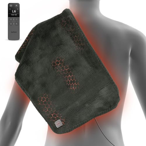 Jartoo Nano Heating Pad for Pain Relief, Far Infrared Heating Electric Pad for Period Cramps Back Neck, Washable, 12V Safe & Eco, Portable Cordless Remote with 6 Heat&Time Settings (12x24, Grey)