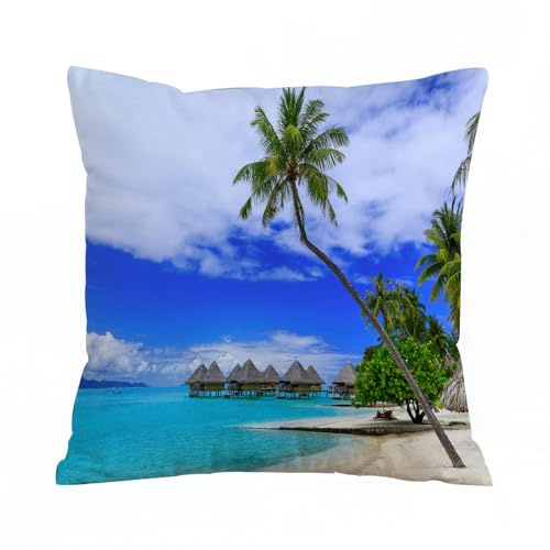 ERRTU Kissenbezug 45x45 cm,Tropical Set, Überwasserbungalows des Tropical Resorts, l Bora Bora, Pazifik,Dekokissen Kissenbezüge Deko Kissen Bezug Wohnzimmer Zierkissen für Sofa Stuhl Bett Garten