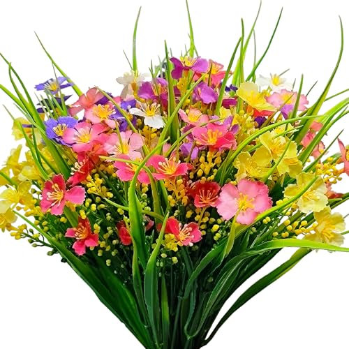 Kinisty Artificial Outdoor Plants and Flowers 12 Bundles Decorative Faux Silk Flower UV Resistant Plastic Wildflowers Fake Shrubs for for Outside Garden Window Boxes Decoration
