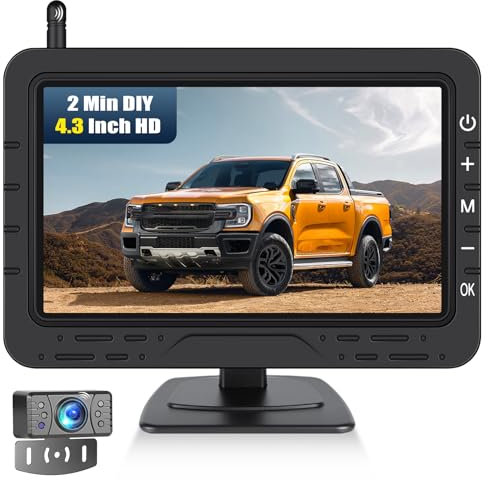 CAMECHO HD Rarückfahrkamera kabellos 4,3 Zoll Wireless-Übertragung, IP68-Wasserdichtigkeit, Infrarot-Nachtsicht & Weitwinkel für Fahrzeug/LKW/Van/Caravan/Anhänger/Camper