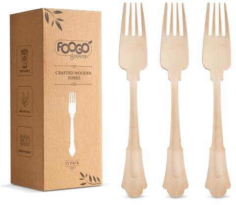 FOOGO Green 300pcs Elegant Disposable Wooden Forks, FSC® Certified, 100x Forks, 20cm, Biodegradable Eco Friendly Cutlery Set, Ideal for Weddings, Bamboo, Alternative to Plastic