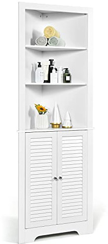 COSTWAY Armario Esquinero Alto de Baño, Mueble de Baño Triangular con 3 Estantes Abiertos y 2 Puertas, Organizador de Pie de Almacenaje para Dormitorio, Salon, 60 x 44,5 x 173 cm