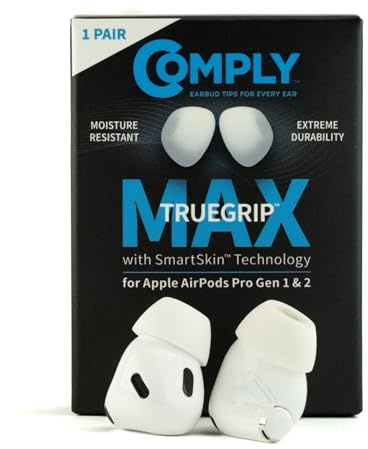Comply TrueGrip MAX | Premium Memory Foam Replacement Earbud Tips for Apple AirPods Pro 1 & 2 | Long Lasting Comfort, Extreme Durability, Secure Fit, Superior Noise Isolation| White (Medium) (1 Pair)
