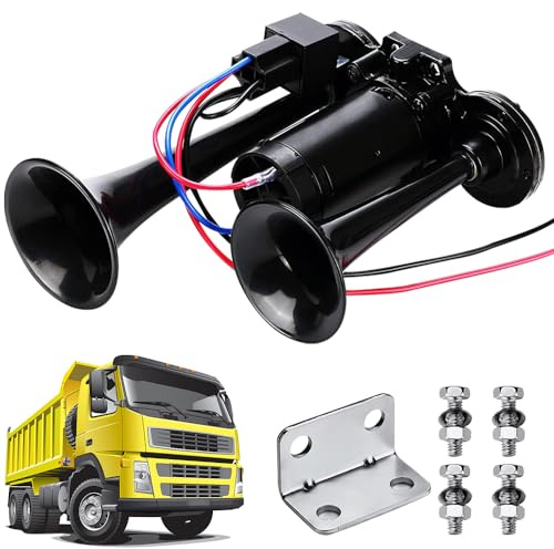 LKW Hupe 12V Laut, 600DB Super Laut Air Horn Autohupe Train Horn, Doppelrohr Lufthorn Drucklufthorn mit Kompressor Kit für alle 12V Fahrzeuge LKW Lörries Züge Boote Cars Vans, Schwarz