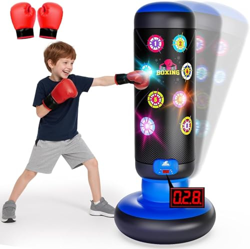 Sac de Frappe pour Enfants, Debout avec Musique et lumière, Sac de Frappe interactif, sur Pied, Gonflable, avec Gant de Boxe, Cadeau pour 6, 7, 8, 9, 10, 11, 12 Ans, Enfants garçons (Bleu)