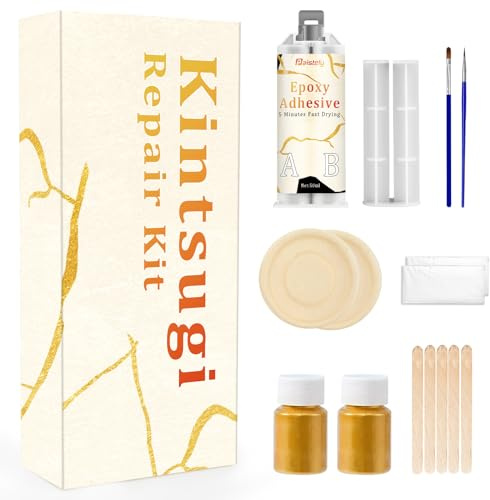 Kintsugi Repair Kit, Food-Safe Kintsugi Kit for Repairing Broken Ceramics Pottery, Porcelain, Bowls, Glass, Ceramic Glue, Perfect for Beginners Restoring Meaningful Gifts (Gold)