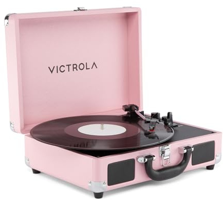 Victrola Journey II – Platine Vinyle Valise Portable Bluetooth – Haut-parleurs stéréo puissants intégrés avec Basses renforcées, Platine 3 Vitesses (33/45/78 TR/Min), Sorties RCA & Casque (Rose)