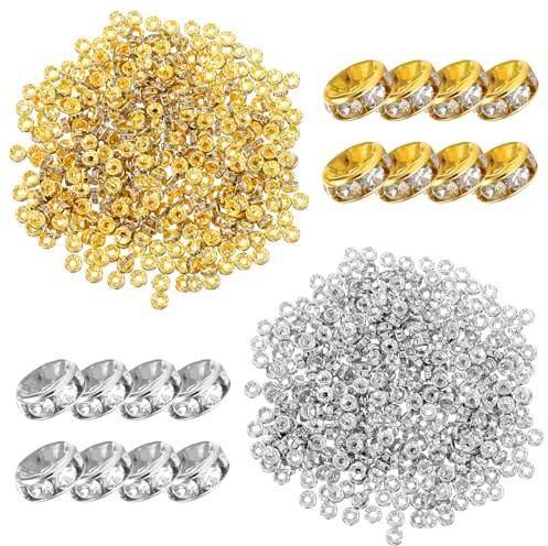 800 Stück Rondelle Strass-Abstandsperlen Zwischenperlen für Armbänder Perlen zum Auffädeln Metallperlen Spacer Beads für Armbänder Ohrringe Halskette Schmuck(6 mm, Gold, Silber)