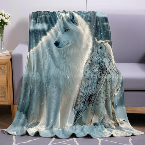 Grau Kuscheldecke Tiere: Wölfe und Eulen 150 x 200 cm Flauschig Decke Fleecedecke Sofa Überwurf Wohndecke Warm Weich Sherpa Wolldecke Gemütlicher Überwurf für Sofa Bett