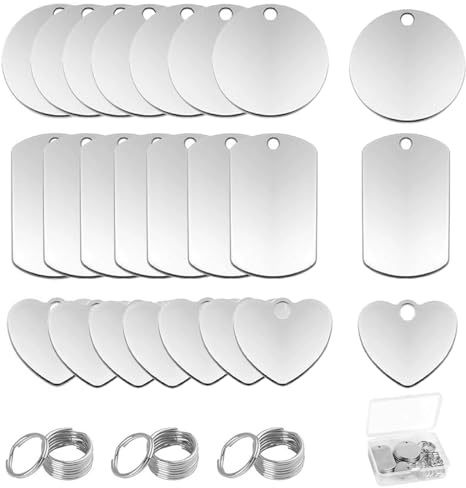 Lufdegim 24 Stück Edelstahl Anhänger Blanko, Dog Tag Rohlinge mit Schlüsselring Rechteckige Rechteckige Herzförmige Anhänger Blank Stamping Tag Schlüsselanhänger für Halsketten DIY Making Kit