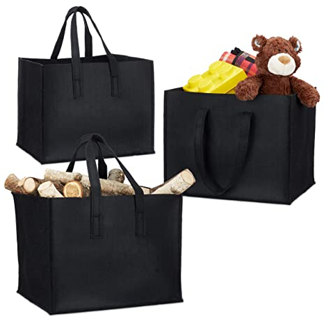 3X Kaminholzkorb aus Filz, 2 Griffe, zum Tragen, faltbar, belastbar, flexibel, Filzkorb, HxBxT: 35 x 43 x 37 cm, schwarz