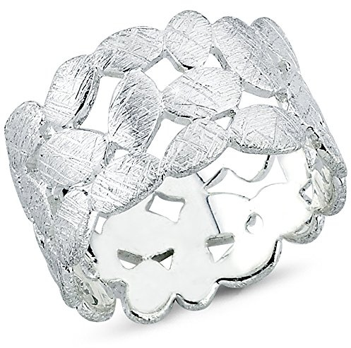 Vinani Damenring aus 925 Sterling Silber – Offener, massiver Bandring mit gebürstetem Laub- & Blumenkranz-Design, nickelfrei & antiallergisch, handgefertigter eleganter Silberschmuck