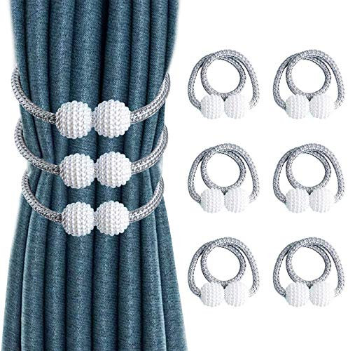 VEGCOO Lot de 6 Embrasses de Rideaux, Embrasses Rideau Aimantée Fenêtre à Billes Faux Perles Boucle de Rideau Pince pour Décoration de Bureau Maison (Gris)