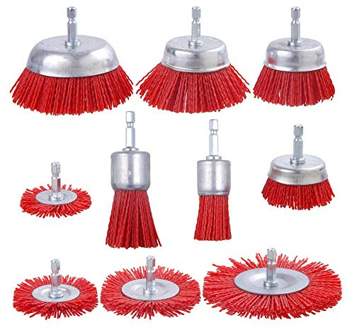 Rocaris 10 Pack Nylon Filament Abrasive Wire Brush Wheel & Cup Brush Set with 1/4 Inch Hex Shank, for Removal of Rust/Corrosion/Paint - Reduced Wire Breakage