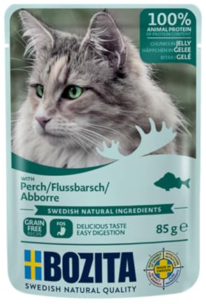 Bozita Pouch Nassfutter Häppchen in Gelee mit Barsch - 12x85g Portionsbeutel getreidefreies & weizenfreies Futter für Katzen - Katzennassfutter für erwachsene Katzen mit 8,5% Protein & 4,5% Fettgehalt