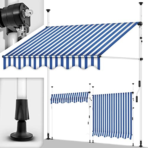 tillvex Klemmmarkise mit Handkurbel Balkon | Balkonmarkise ohne Bohren | Markise UV-beständig & höhenverstellbar | Sonnenschutz wasserdicht (Blau-Weiß, 200cm)