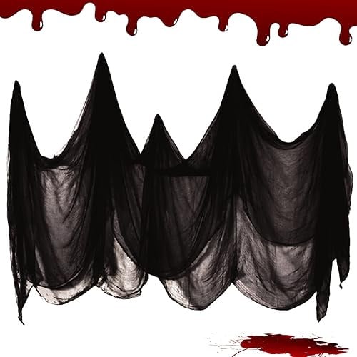 KOIROI Halloween Deko Stoff, 215 x 500cm Halloween Gruselige Tuch, Halloween Deko, Halloweenstoff Schwarz, Halloween Deko Horror Schwarzer Stoff für Tisch Haustür Outdoor Halloween Party Terror Deko