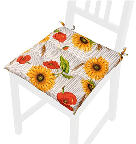 EMMEVI Weiches Stuhlkissen, universal, waschbar, mit Bändern, Sonnenblumen, Modell Calla57, 40 x 40 cm