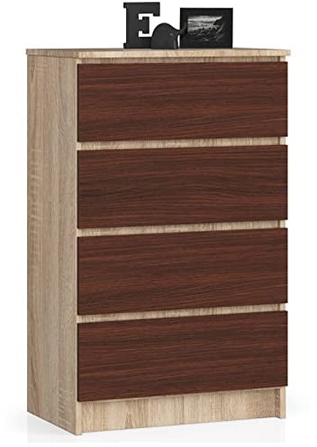 AKORD Kommode K60 60 cm | 4 Schubladen | Schrank | für das Wohnzimmer | für das Schlafzimmer | B60 x H99 x T40 cm | Gewicht 29,80 kg | Sonoma Eiche/Wenge