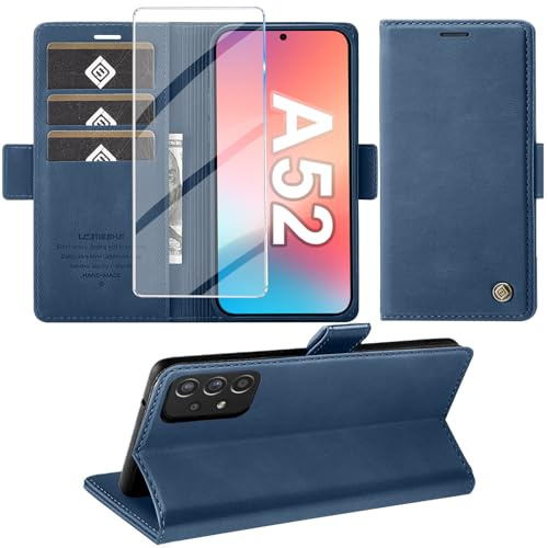 Giyer Handyhülle für Samsung Galaxy A52/A52S 4G 5G Hülle mit Schutzfolie, Standfunktion Kartenfach Wallet Premium Leder Schutzhülle A52S Flip Case Cover Stoßfeste Klapphülle (Blue)