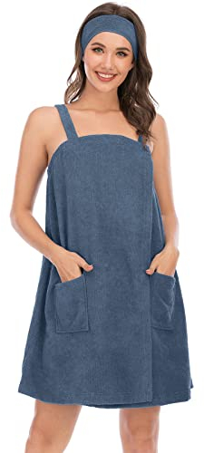 Jamron Damen Verstellbarer Handtuch Wickel Bademantel mit Stirnband für Sport, Dusche, Spa & Strand Cover Ups Blau/Grau XXL