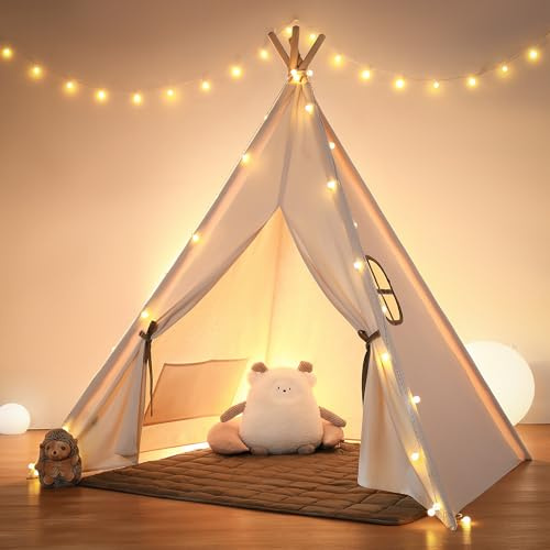 besrey Toddler Teepee Tent for Kids, Kids Play Tent with Padded Mat, Cotton Playhouse for Boys & Girls, Cozy Tipi Tent, Children's Play Tents in beige