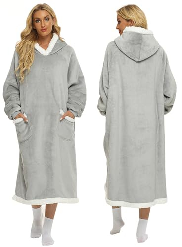 FEELJAM Coperta con maniche donna Coperta con cappuccio da uomo Coperta accogliente con maniche Per coperta TV per adulti (Grigio chiaro, 150 di lunghezza)
