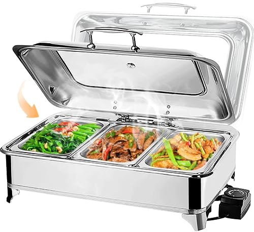 Chafing Dish Elektrisch 9L, Catering Warmhaltebehälter Edelstahl, Rechteckiger Chafing Dish Set Speisenwärmer mit Sichtbarem Glasdeckel(3pans) | Einstellbarer Temperatur Catering Warmhaltebehälter Edelstahl, Rechteckiger Speisewärmer Chafing Dish Glasdeckel