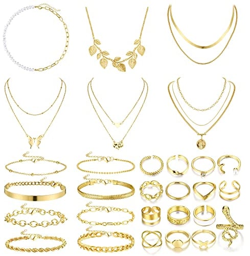 Kakonia 29 Stück Halskette Damen Armband Damen Y Halskette Damen Legierung Goldene Ringe Armbänder Vintage Boho Initial Necklace