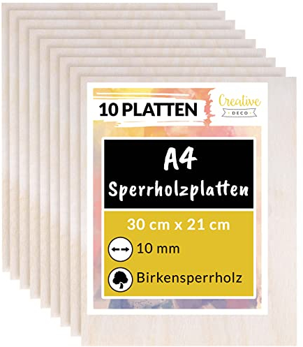Creative Deco 10 x A4 Sperrholzplatte 10mm | 300 x 210 (+/- 2) mm | Birkensperrholz Dünne holz-Zuschnitte | Perfektes Blatt für Laubsäge, Brandmalerei, Laserschnitt, CNC Router, Durchbrochenes