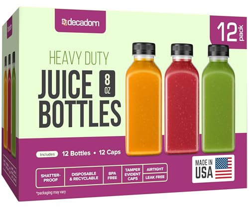 DECADORN 8oz Plastic Bottles With Caps - 12 Pack Plastic Juice Bottles For Juicing - Empty Juice Containers With Lids For Fridge - MADE IN USA Clear Small Reusable Bottles With Lids - drink container