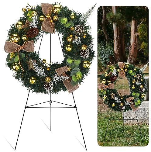 Hotop 2 Stück Weihnachten Gedenkkranz Friedhof Kranz für Gräber mit 76,2 cm Staffelei Weihnachten Gedenkkranz Dekoration Set Tannenzapfen Gold Blätter für Urlaub Outdoor Grabstein