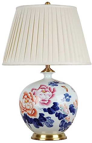 FAZRPIP Blumen- und Vogel-Keramik-Tischlampe, amerikanischer Retro-Stil, Schlafzimmerlampen für Wohnzimmer, Arbeitszimmer, chinesische Nachttischlampe, Keramik-Vase-Tischlampe mit Stoffschirm