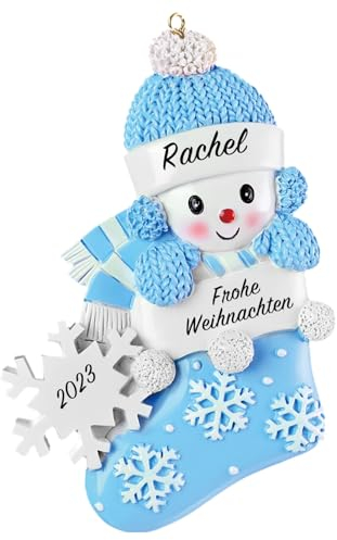 Bemaystar Babys Erstes Weihnachten Ornament 2023 – Neugeborene Baby Ornamente für Weihnachtsbaumschmuck, Strumpf mit Schneeflocke, Weihnachtsbaumschmuck, Individueller Name, Blau